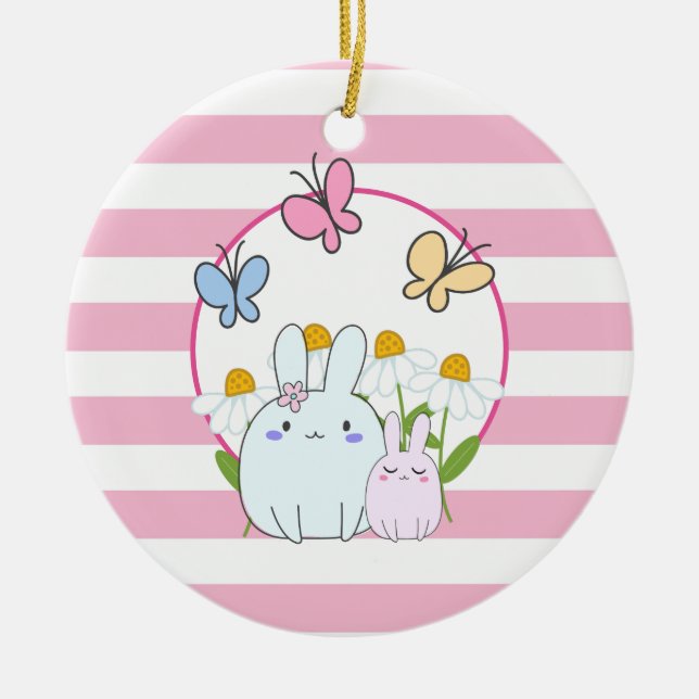 Niedliche Bunnies mit Frühlingsmessen und Schmette Keramik Ornament (Vorne)