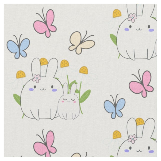 Niedliche Bunnies mit Frühlingsmessen und Schmette Stoff (Nahaufnahme)