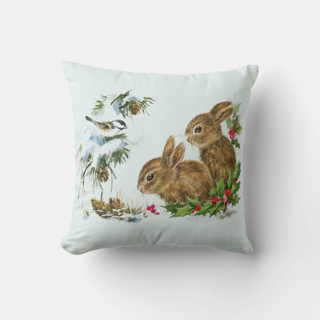 Niedliche Bunnies mit Weihnachten Holly Berries Kissen (Vorderseite)