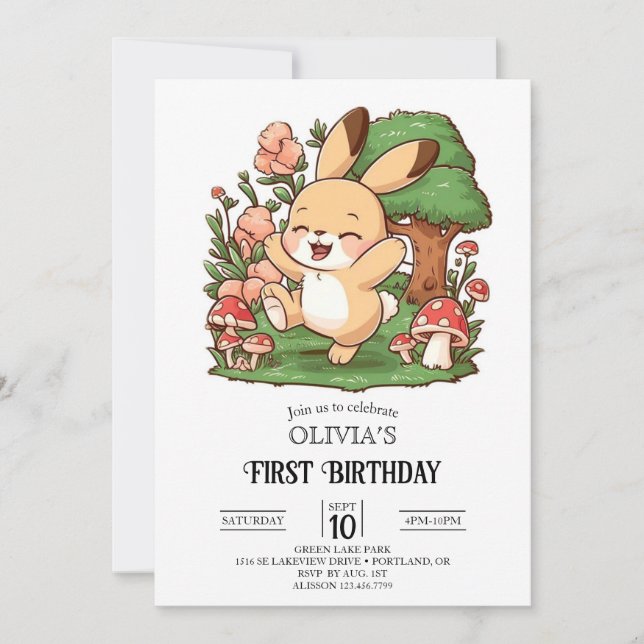 Niedliche Bunny am 1. Geburtstag digital Einladung (Vorderseite)