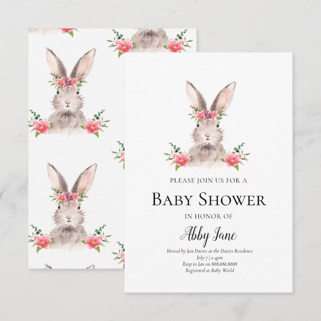 Niedliche Bunny Baby Shower Invitation Girl Einladung (Vorne/Hinten)