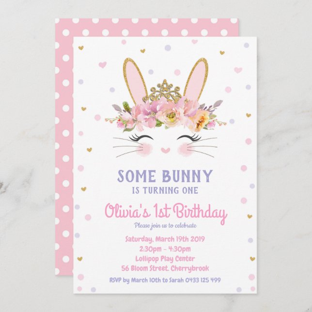 Niedliche Bunny Birthday Einladungen Girls Rabbit (Vorne/Hinten)
