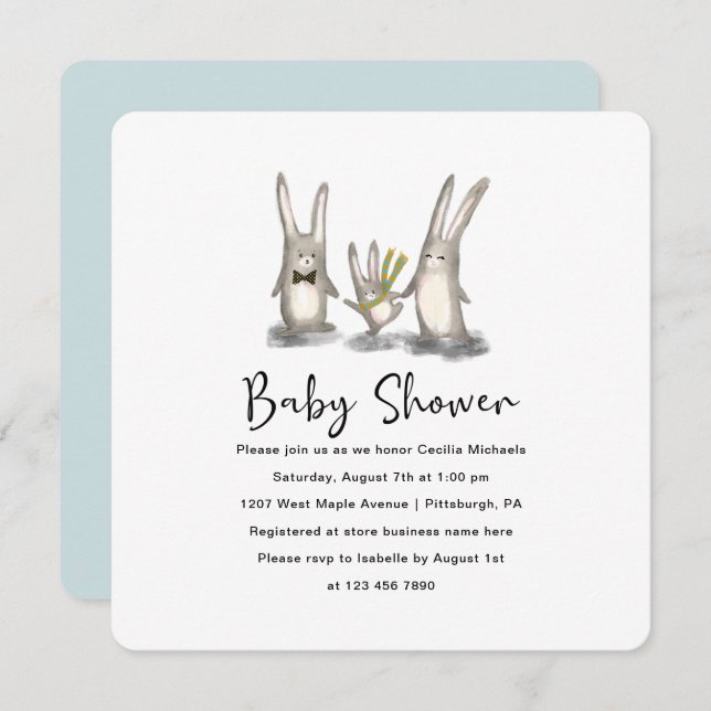 Niedliche Bunny Family Baby Dusche Einladung (Vorne/Hinten)