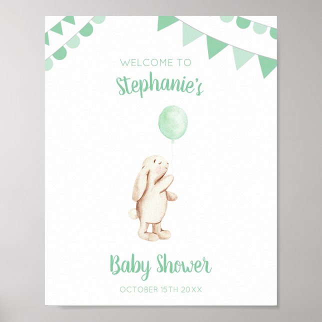 Niedliche Bunny & Green Balloon Wasserfarbe Babydu Poster (Vorne)