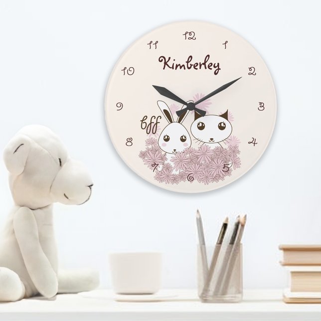 Niedliche Bunny Kitten Tierfreunde Girls Kinder Große Wanduhr (Von Creator hochgeladen)