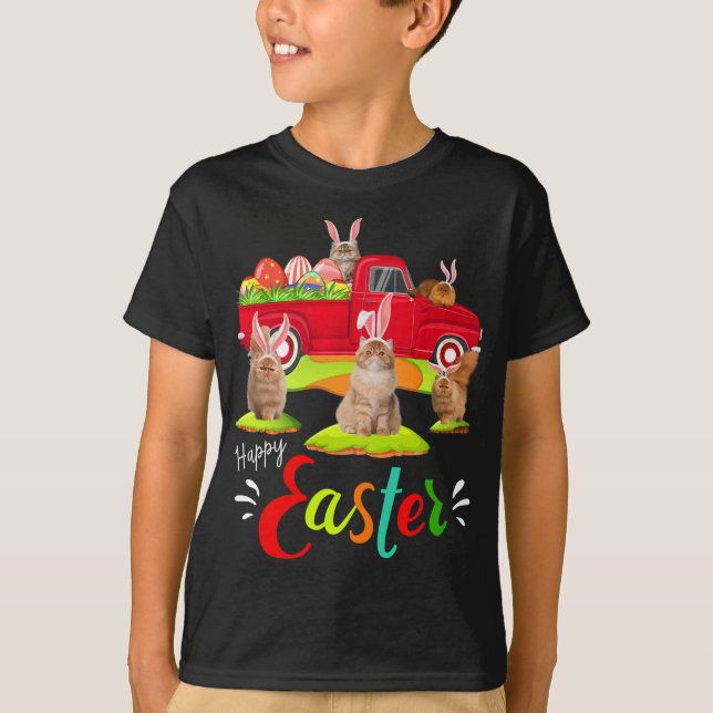 Niedliche Bunny Persian Cats Riding Red Truck Happ T-Shirt (Vorderseite)