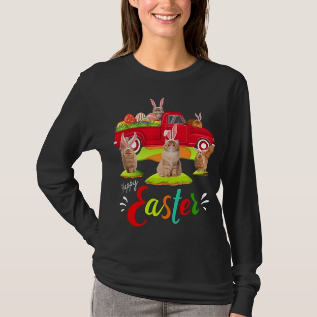Niedliche Bunny Persian Cats Riding Red Truck Happ T-Shirt (Vorderseite)