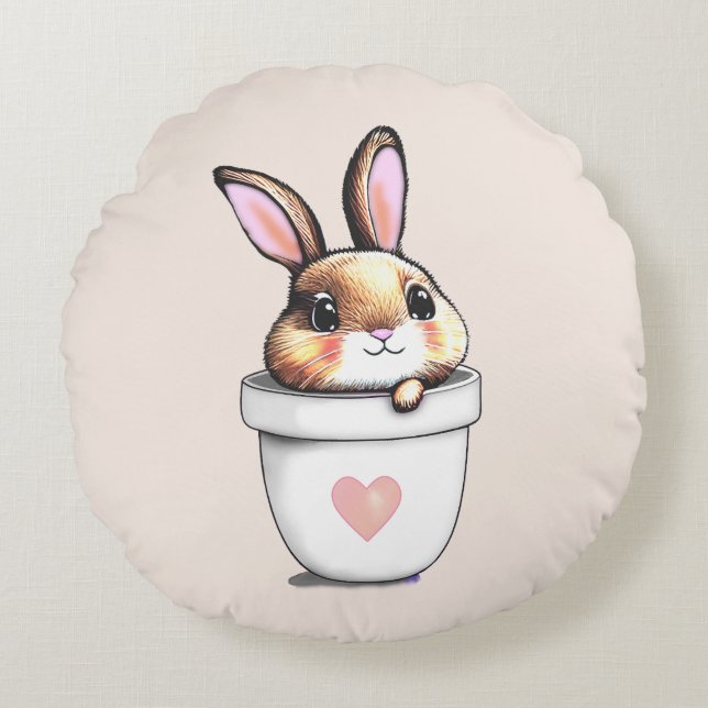 Niedliche Bunny Pflanze Pot on Light Champagne Bei Rundes Kissen (Vorderseite)