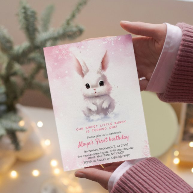 Niedliche Bunny Pink Winter Geburtstagsparty Einladung (Von Creator hochgeladen)