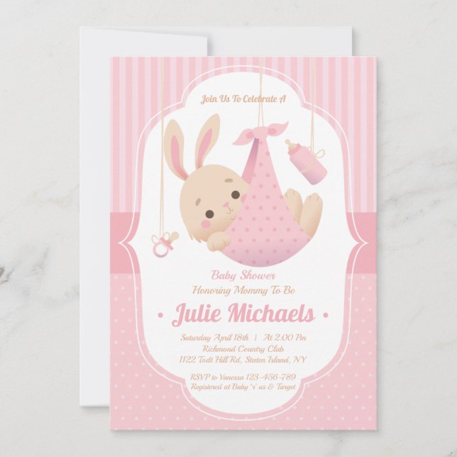 Niedliche Bunny Rabbit Baby Shower Girl Einladung (Vorderseite)