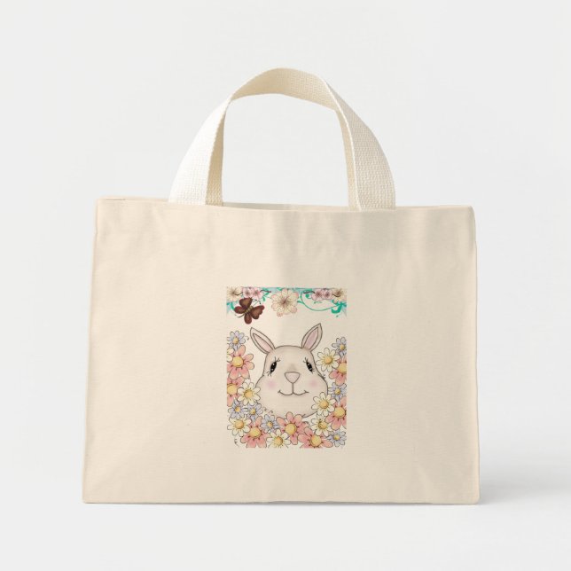 Niedliche Bunny Rabbit Blume & Schmetterlinge Mini Stoffbeutel (Vorne)
