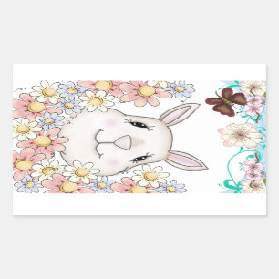 Niedliche Bunny Rabbit Blume & Schmetterlinge Rechteckiger Aufkleber