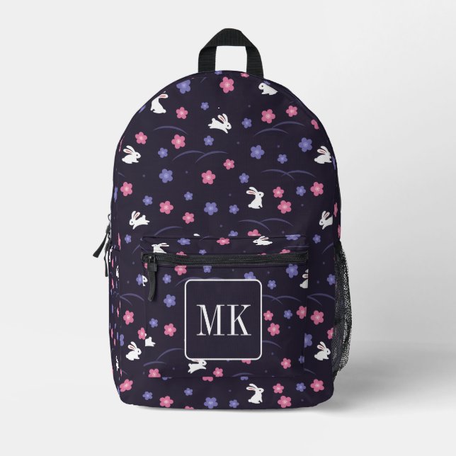 Niedliche Bunny Rabbit Muster Monogram Initialen L Bedruckter Rucksack (Vorderseite)