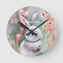 Niedliche Bunny Rabbit Pastel Wasserfarbe Frühling Runde Wanduhr