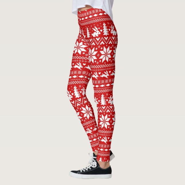 Niedliche Bunny Rabbits Weihnachtsmuster Rot und W Leggings (Links)