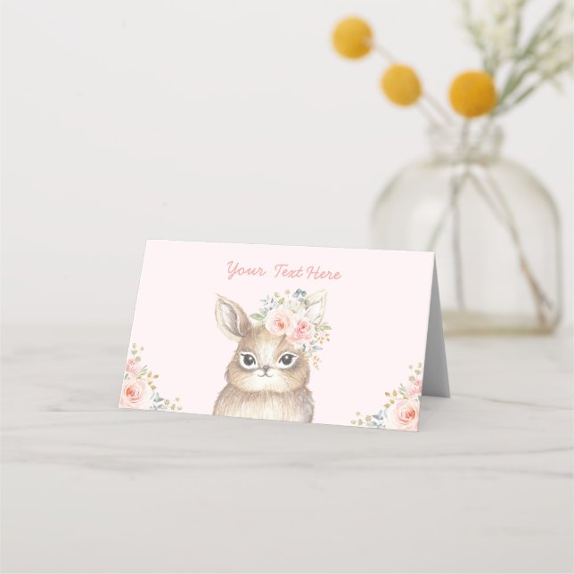 Niedliche Bunny Soft Blush Gold Aquarell Blüten Platzkarte (Vorderseite)