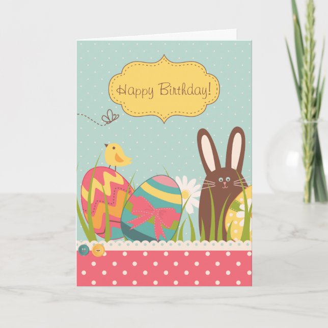 Niedliche Bunny und farbenfrohe Ostereier Happy Bi Karte (Vorderseite)