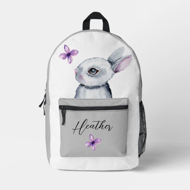 NIEDLICHE BUNNY VIOLET BLUME GRAU WHITE INDIVIDUEL BEDRUCKTER RUCKSACK (Vorderseite)
