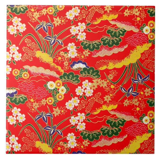 Niedliche bunte japanische Blumenmuster Fliese (Vorderseite)