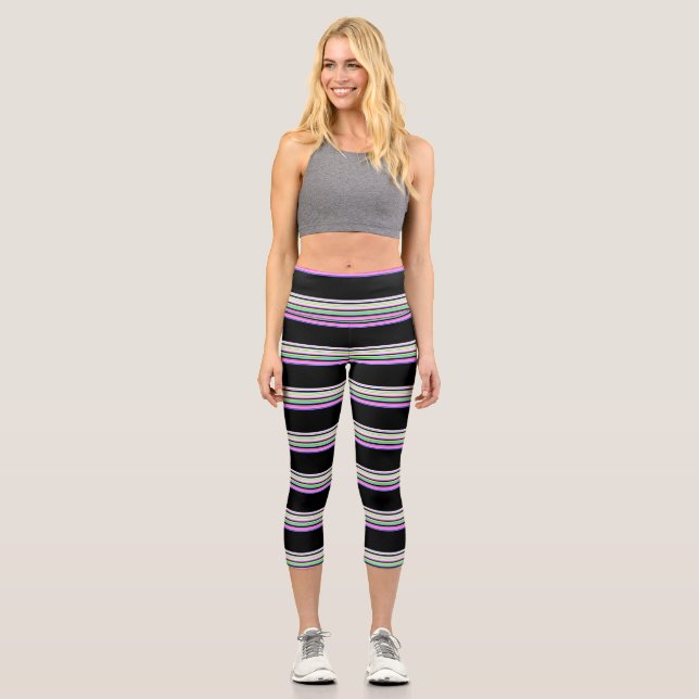 Niedliche, bunte Neonstreifen Capri Leggings (Vorderseite)