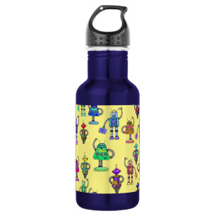 Niedliche, bunte Roboter auf gelbem Hintergrund Edelstahlflasche