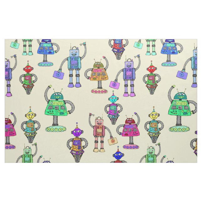 Niedliche, bunte Roboter auf gelbem Hintergrund Stoff (Fat Quarter (45,7 x 55,9 cm))