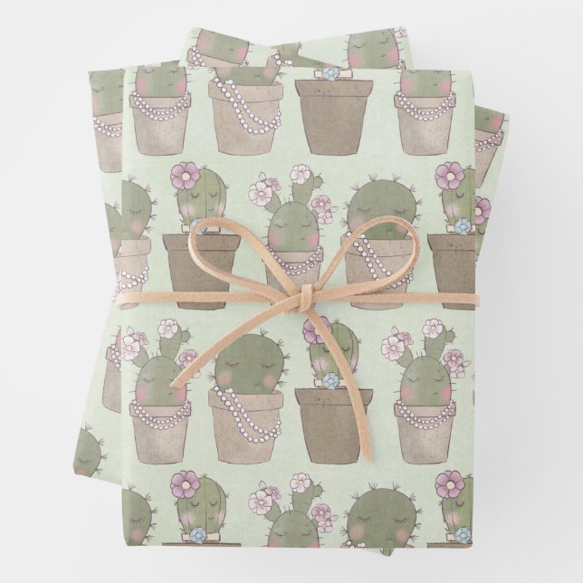 Niedliche Cactus Girls mit Schmuck Geschenkpapier Set (Beispiel)