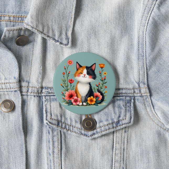 Niedliche Calico Katze mit Blumencotattacke Button (Beispiel)