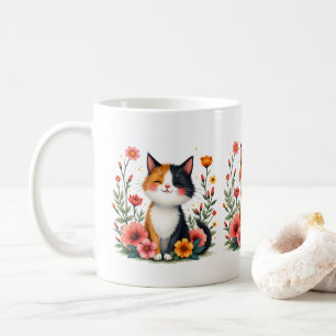 Niedliche Calico-Katze mit floraler Cotattacore-Äs Kaffeetasse