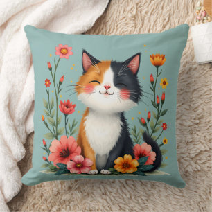 Niedliche Calico-Katze mit floraler Cotattacore-Äs Kissen