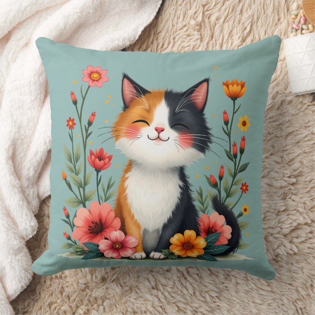 Niedliche Calico-Katze mit floraler Cotattacore-Äs Kissen (Decke)