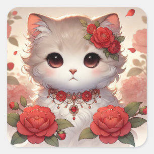 Niedliche Camelia Princess Cat Quadratischer Aufkleber