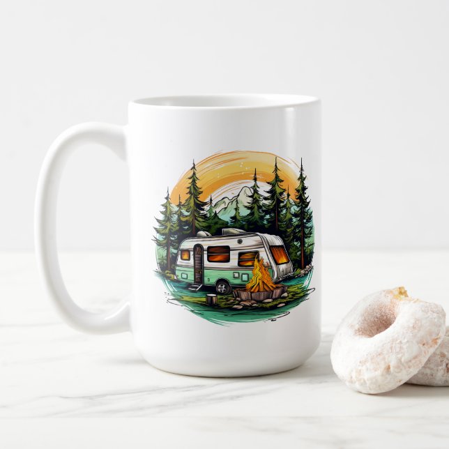 Niedliche Camping-Liebhaber fügen Monogramm hinzu Kaffeetasse (Mit Donut)