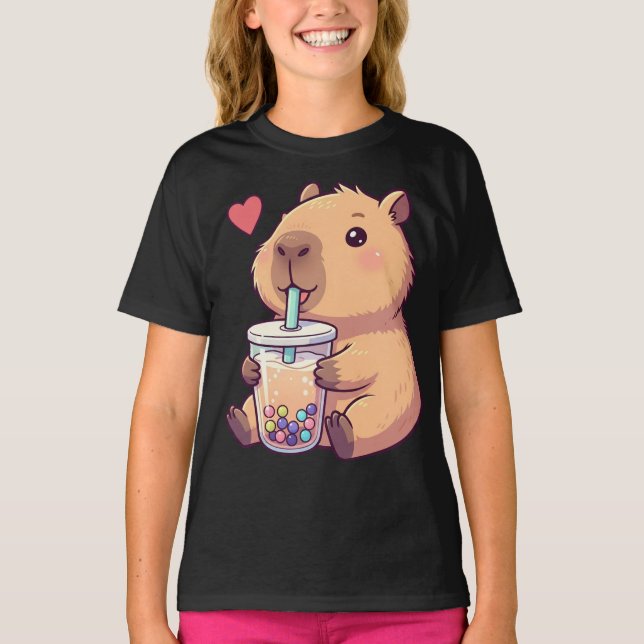 Niedliche Capybara Boba Tea Blase für Mädchen T-Shirt (Vorderseite)