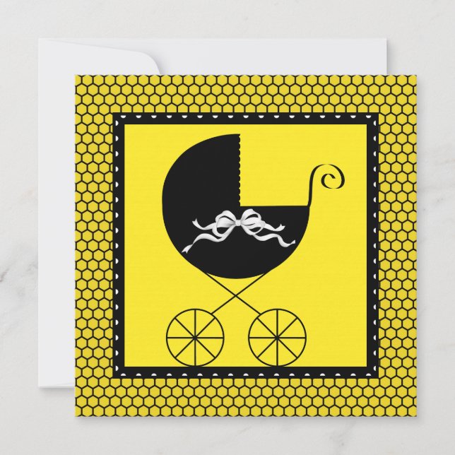 Niedliche Carriage Black and Yellow Baby Dusche Einladung (Vorderseite)