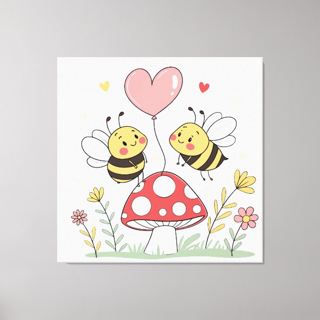Niedliche Cartoon Bienen mit Herzballon auf Pilz Leinwanddruck (Vorderseite)