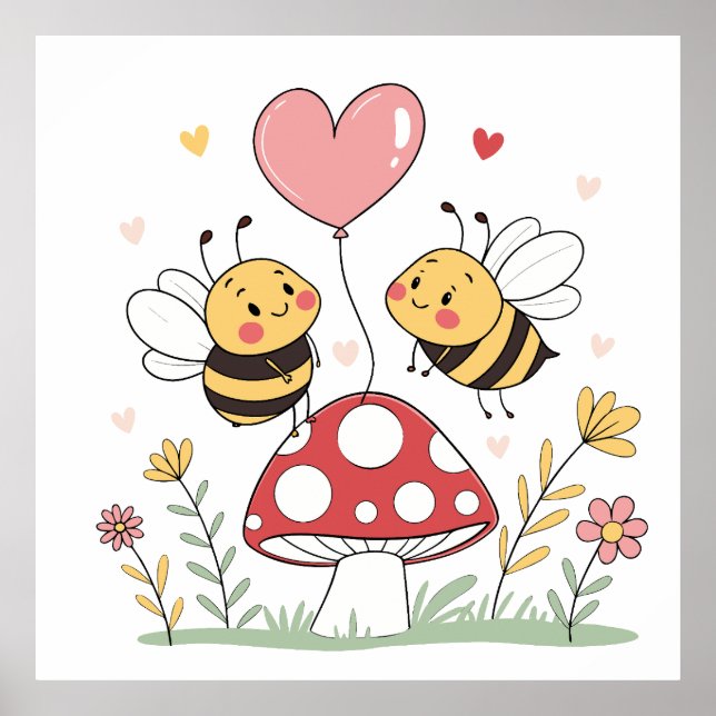 Niedliche Cartoon Bienen mit Herzballon auf Pilz Poster (Vorne)