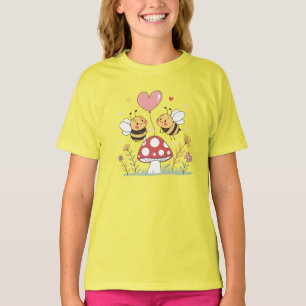 Niedliche Cartoon Bienen mit Herzballon auf Pilz T-Shirt