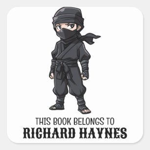 Niedliche Cartoon Boys BLack Ninja Book Label Quadratischer Aufkleber
