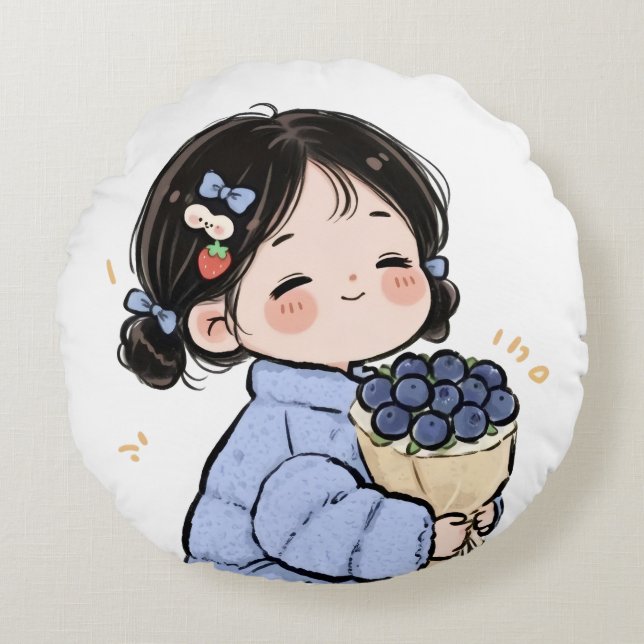 Niedliche Cartoon Girl mit Blueberries Kissen (Vorderseite)