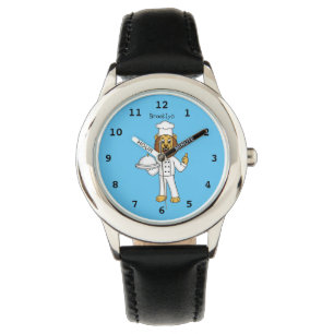 Niedliche Cartoon-Illustration für Löwen-Koch Armbanduhr