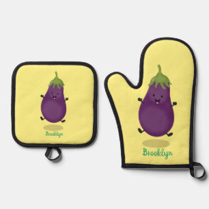 Niedliche Cartoon-Illustration von Auberginen Ofenhandschuh & Topflappen-Set