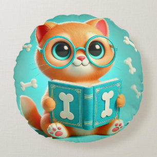 Niedliche Cartoon-Katze liest ein Buch Rundes Kissen