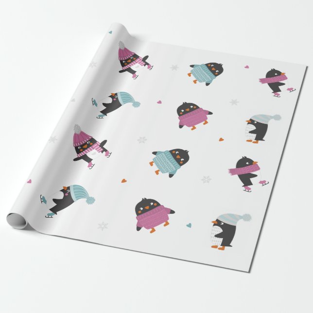 niedliche Cartoon Pinguine mit Herz und Schneefloc Geschenkpapier (Ungerollt)