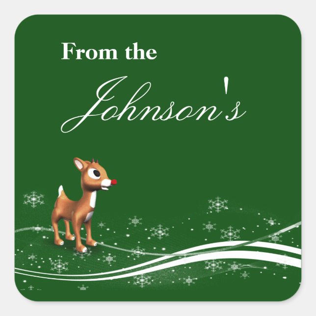 Niedliche Cartoon Rentier Weihnachtsgeschenktags Quadratischer Aufkleber (Vorderseite)