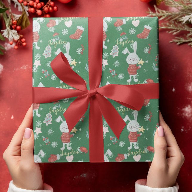 Niedliche Cartoon Tiere Bunny Green Custom Geschenkpapier (Cute Cartoon Animals Bunny Green Red Custom Wrapping Paper
)
