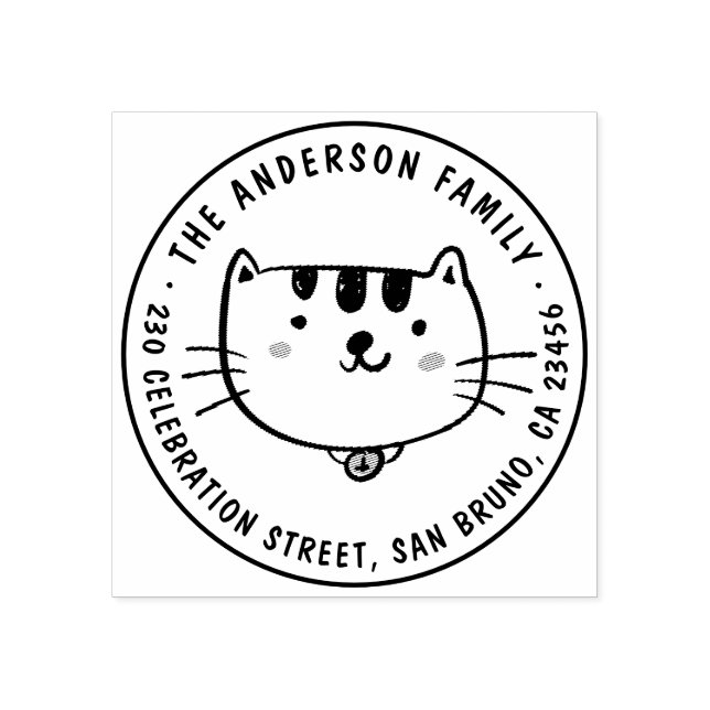 Niedliche Cat Custom Familienname Round-Rücksendea Gummistempel (Prägung)