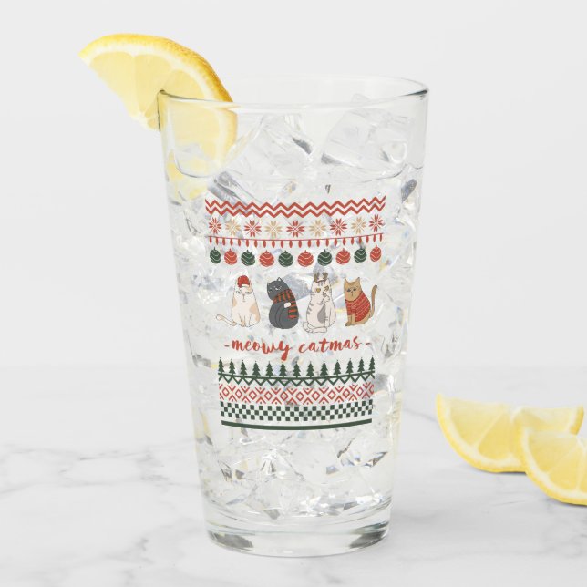 Niedliche Cat Doodles zu Weihnachten Glas (Vorderseite Ice)