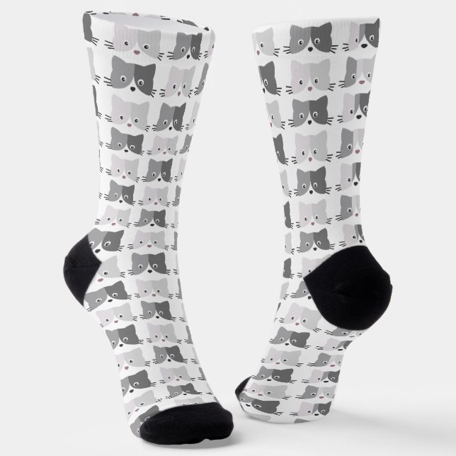 Niedliche Cat Faces Gray Cat Lovers Muster Socken (Gewinkelt)