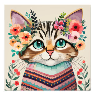 Niedliche Cat Floral Watercolor Fotodruck